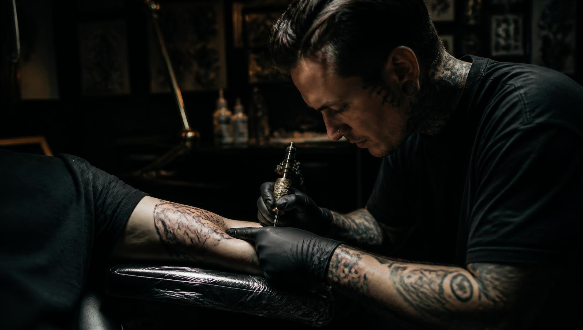 Tattoo artist at Black Halo Studios working on a client's forearm
